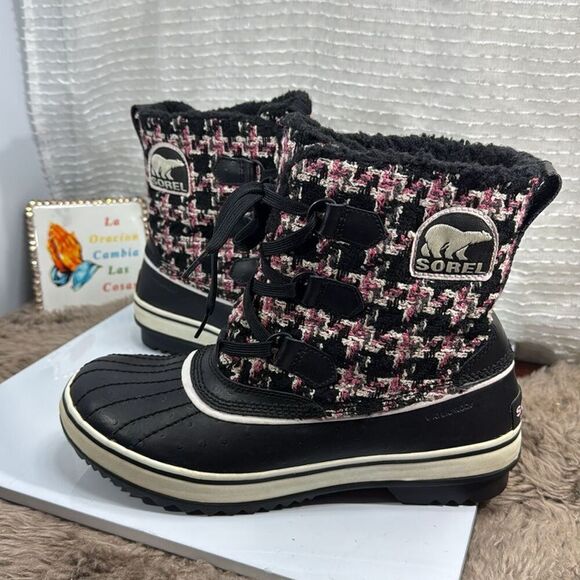 (C) SOREL Tivoli Tweed Winter Snow Boots in Pink and Black Women's size 9 - Picture 3 of 10